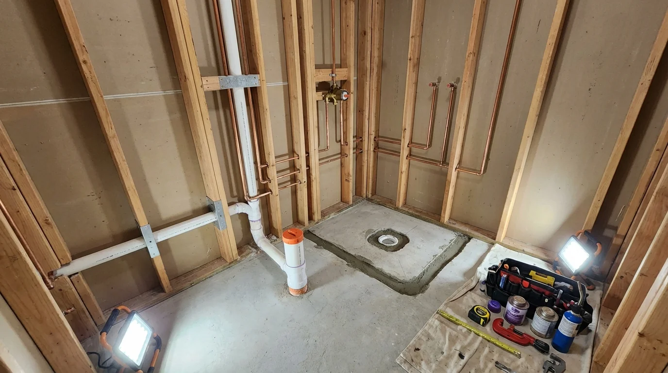 Bathroom rough-in plumbing during remodel by Johns Plumbing LLC in Yellville