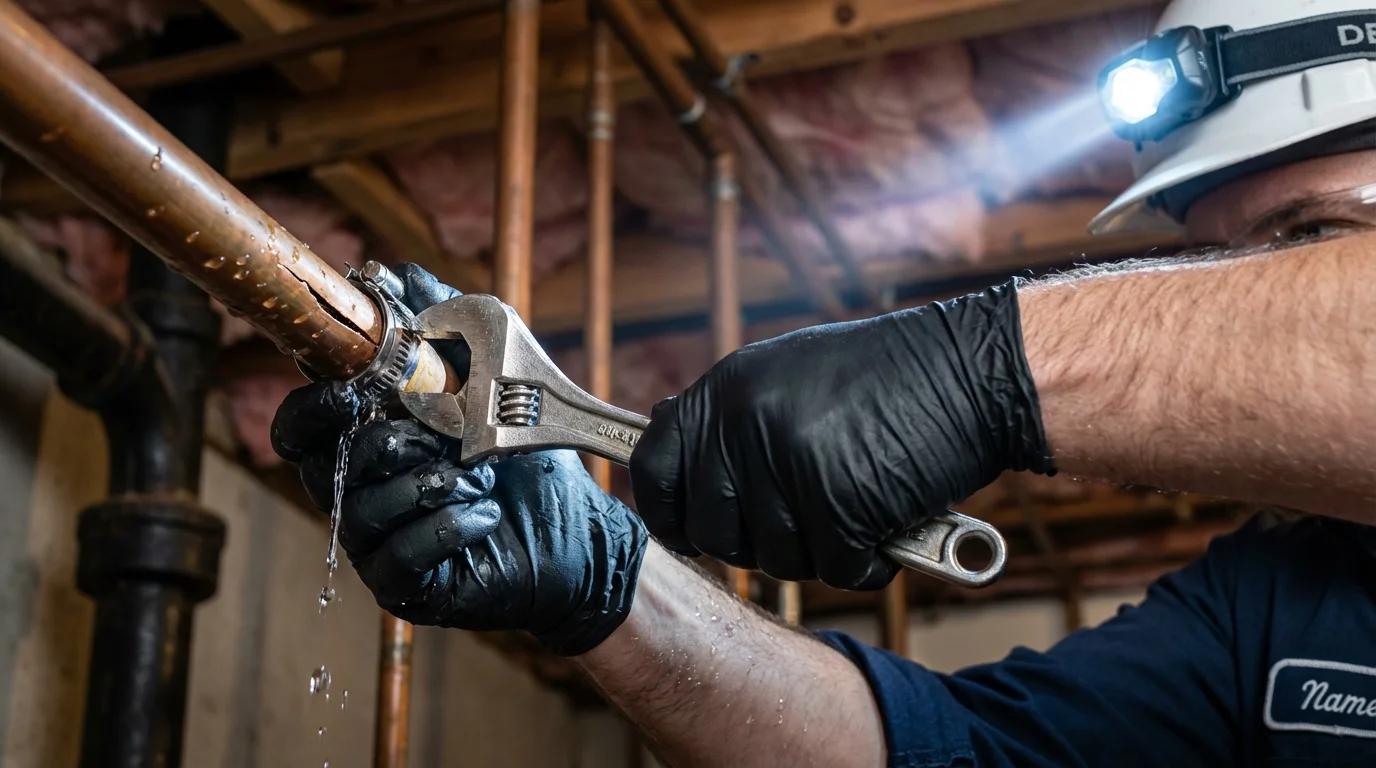 Emergency pipe clamp repair being performed by a Johns Plumbing LLC plumber in Yellville
