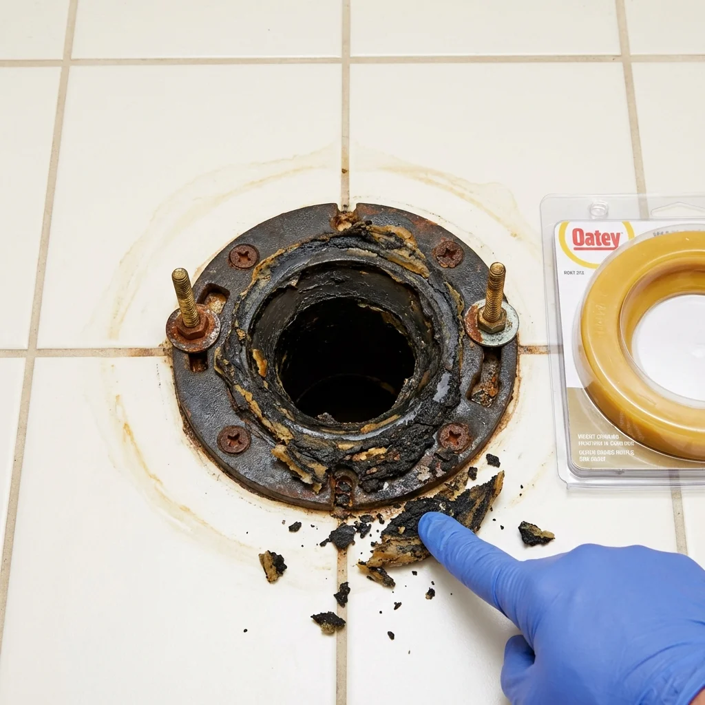 Failed wax ring showing water seepage at the base of a toilet in a Yellville, AR home