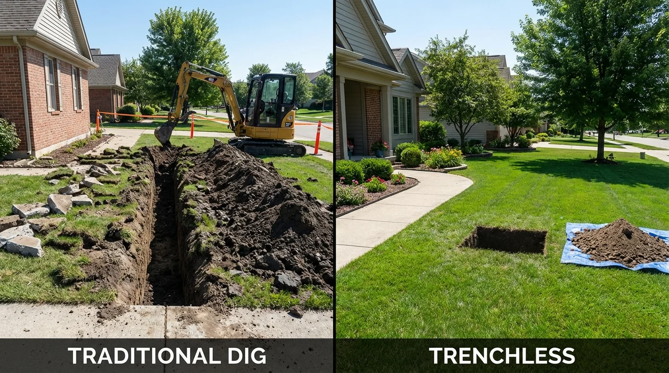 Trenchless sewer repair with minimal yard damage versus traditional excavation in Yellville, AR