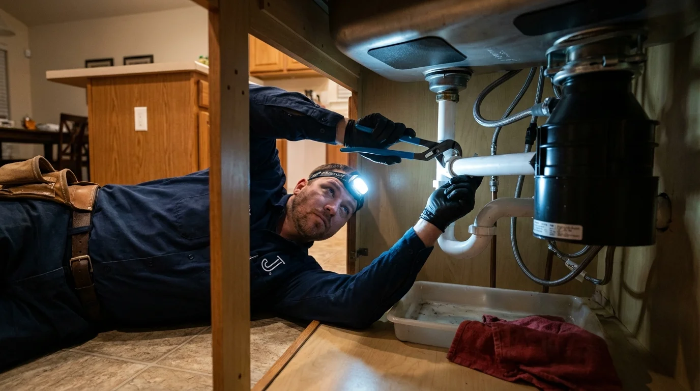 P-trap and supply line connections under a kitchen sink showing a common leak point in Yellville, AR